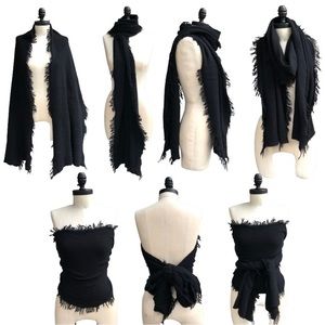 100% Cashmere Black Frayed Fringed Edge Scarf Wrap Shawn Shrug Stole Bustier Top